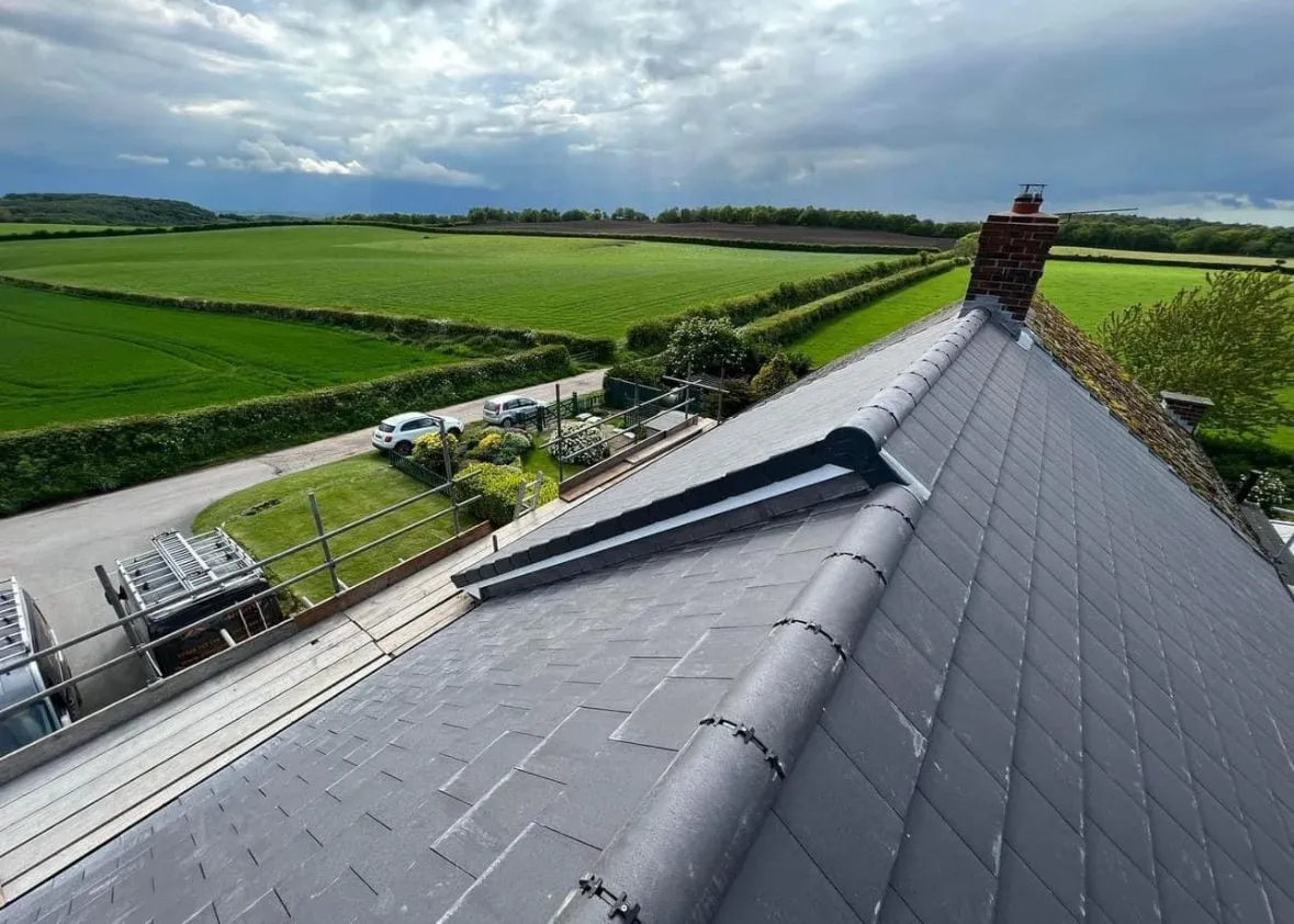 roof with fields behind 